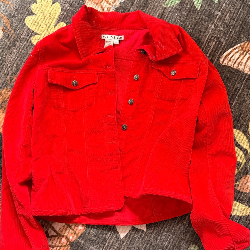 Ami Bold Red Corduroy Jean Jacket